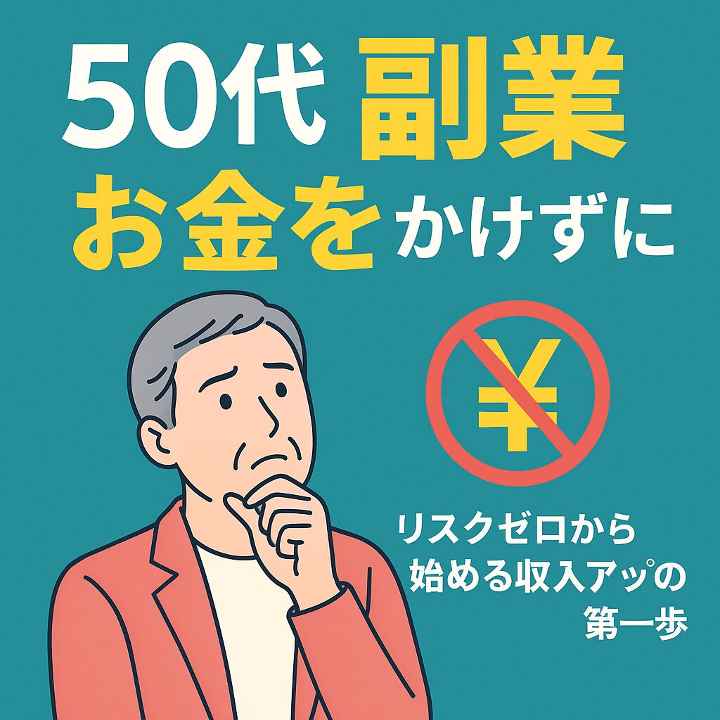 50代 副業 お金をかけずに始められる方法を紹介するイメージ画像。ノーリスク副業や無料でできる仕事の雰囲気を伝えるグラフィック。