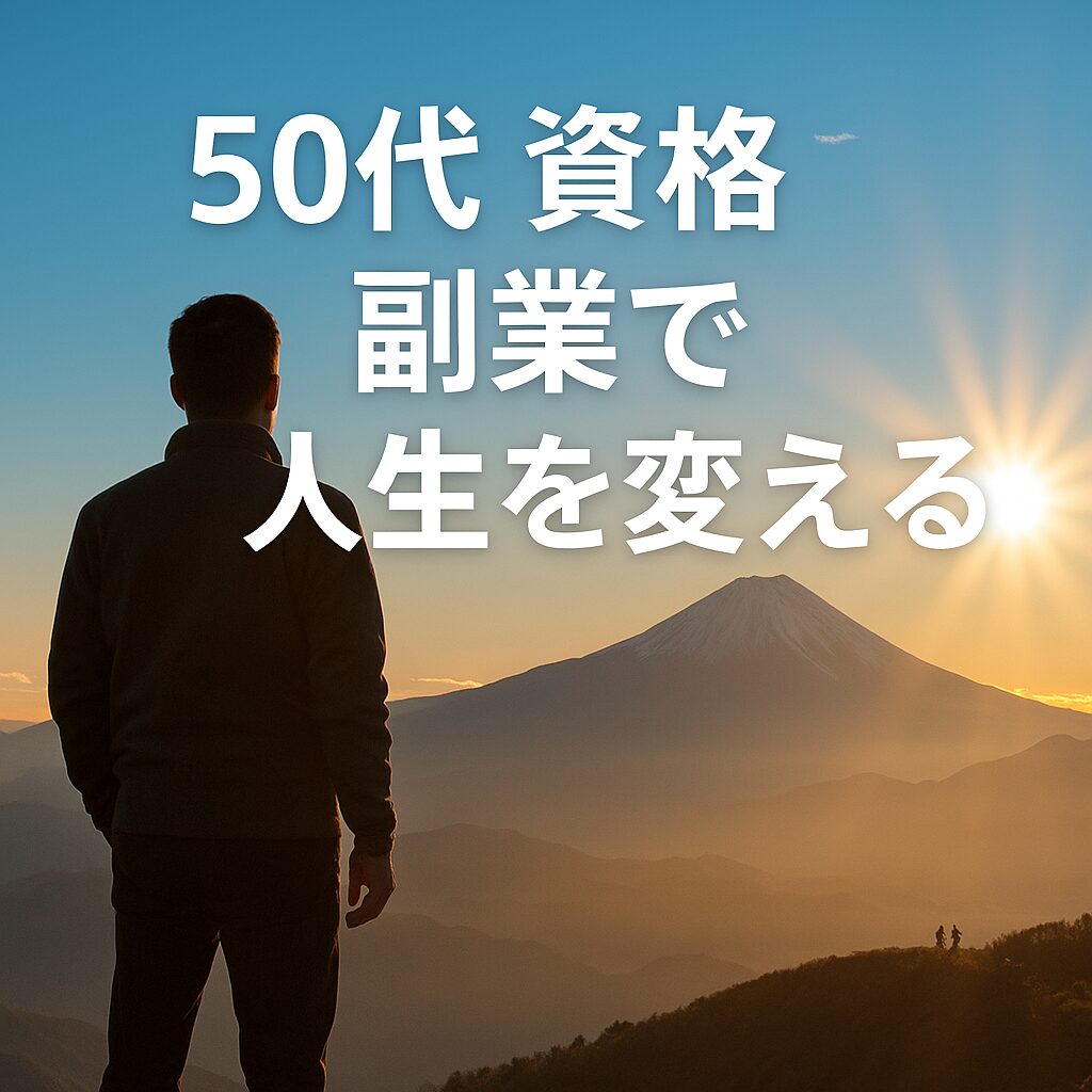 50代 資格 副業で人生を変えるというメッセージとともに、富士山を背景に希望に満ちた朝日を見つめる男性のシルエット