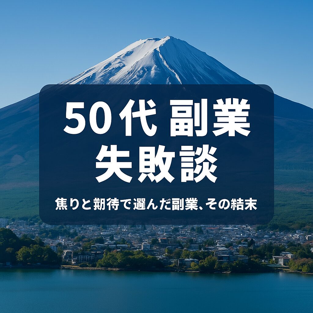 50代 副業 失敗談｜富士山を背景に、中年男性の背中と「50代 副業 失敗談」という文字が重なった落ち着いた雰囲気のアイキャッチ画像。副業の挫折や苦悩を象徴している。