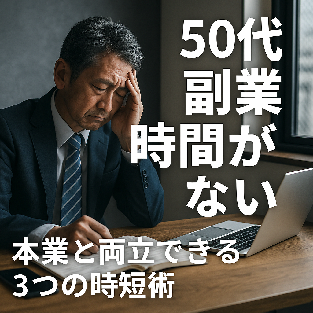 時間がない50代男性が副業と本業を両立させるために悩む様子のイメージ