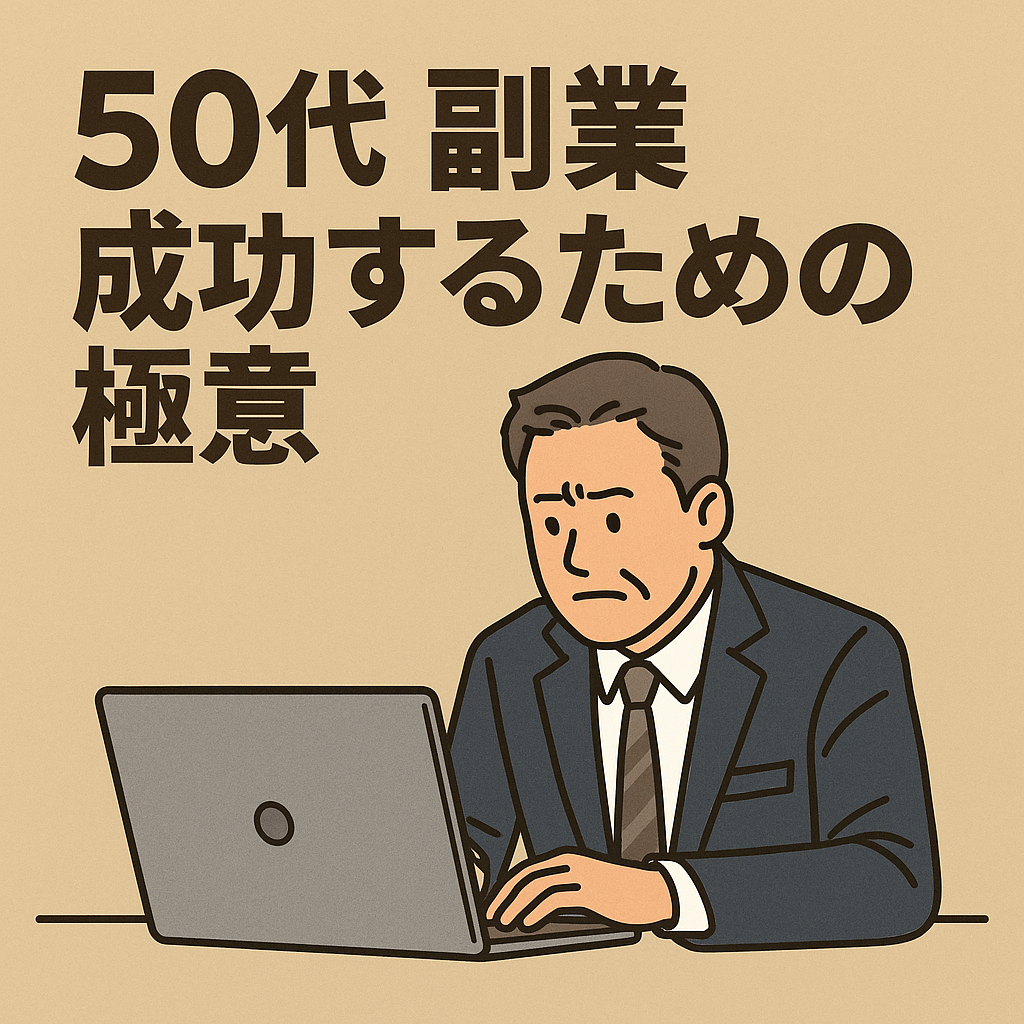 50代男性がパソコン作業するイラスト。タイトル文字入り。