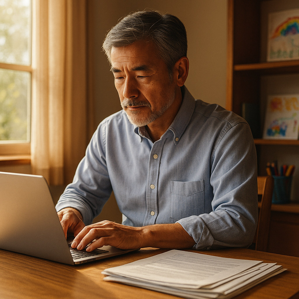 真剣な表情でパソコンに向かう50代の日本人男性。副業について思案している様子