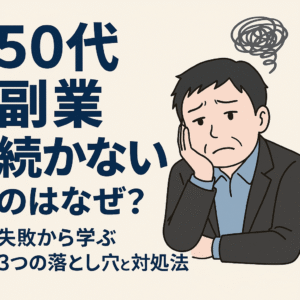 50代副業 成果が出ない人の特徴を表す男性のイラスト