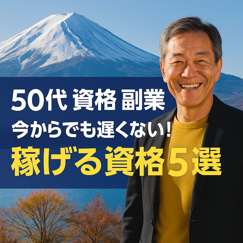 50代 資格 副業―中年の男性が富士山を背景に、資格取得に向けて前向きに歩み出すイメージ。副業や学び直しを象徴するノートとペンも描かれており、人生の再スタートを連想させる構図。