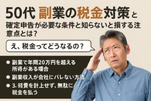 50代の男性が副業と税金対策に悩む様子を表現したイメージ。副業を始めた50代が知っておくべき税金の注意点を象徴。