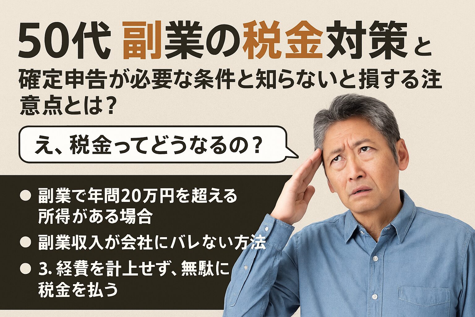 50代の男性が副業と税金対策に悩む様子を表現したイメージ。副業を始めた50代が知っておくべき税金の注意点を象徴。